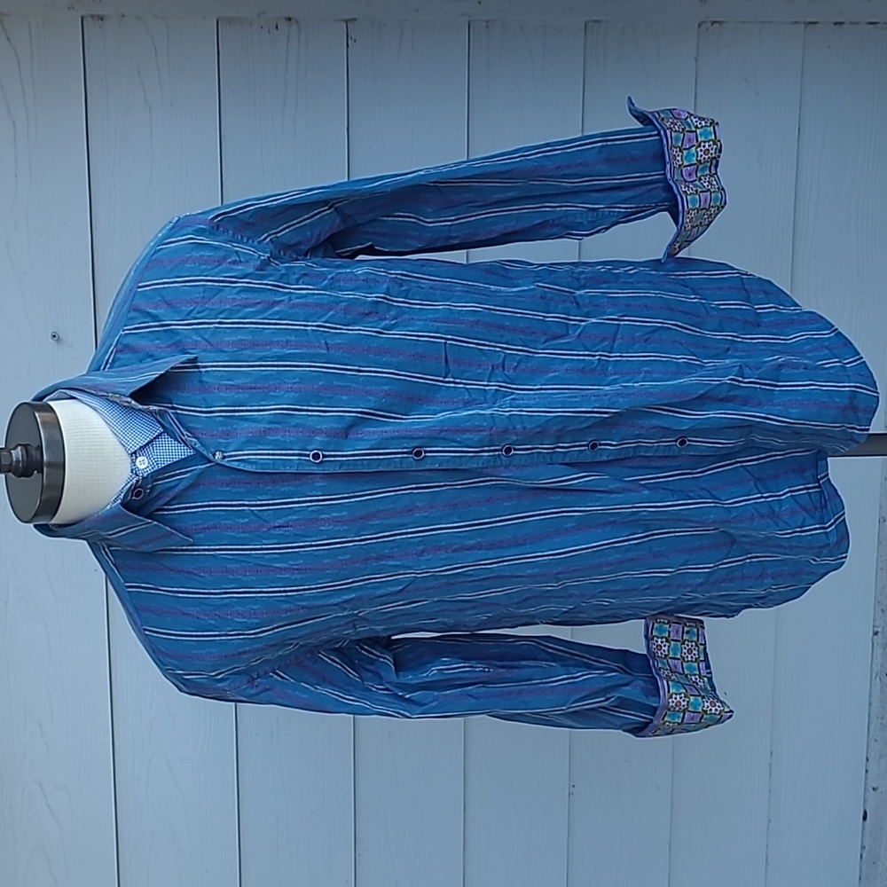 ROBERT‎ GRAHAM Slate Blue Striped Abstract Cotton Large Mens Long Sleeve Shirt